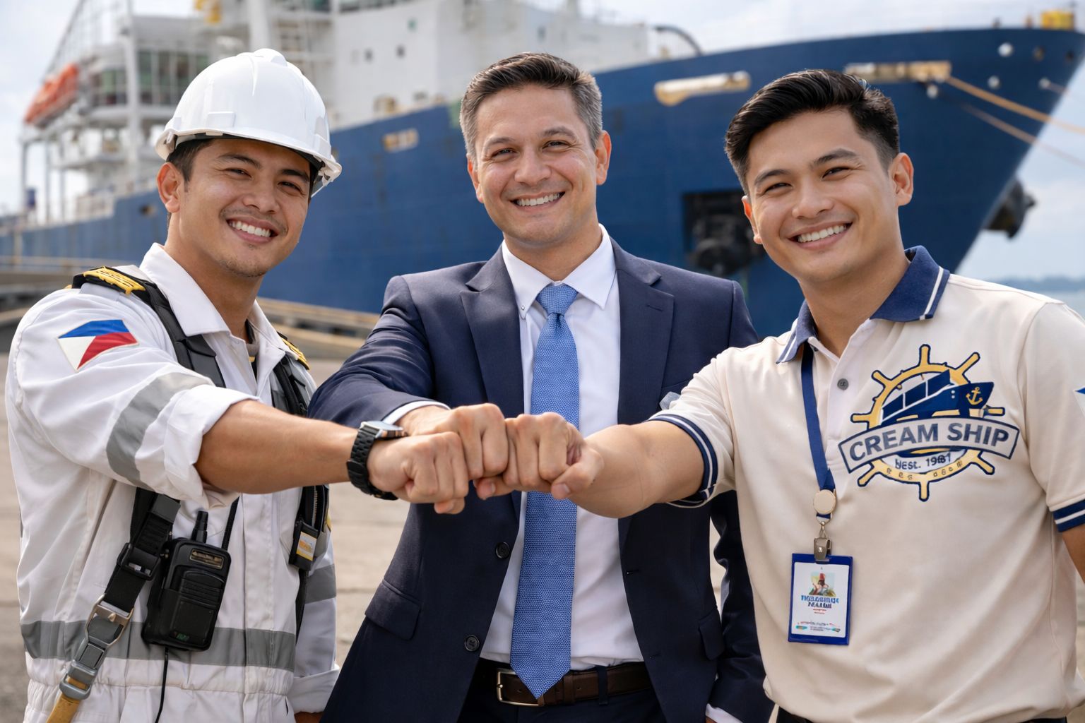 Filipino maritime crew on a ship deck